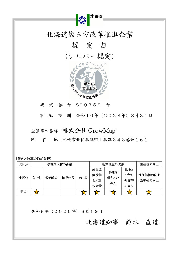 北海道働き方改革推進企業 認定証